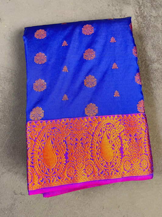 Dark Blue & Dark Pink Kanchipuram Silk Blend Saree with Golden Zari – 1000 Buttas & Golden Mango Motif Border