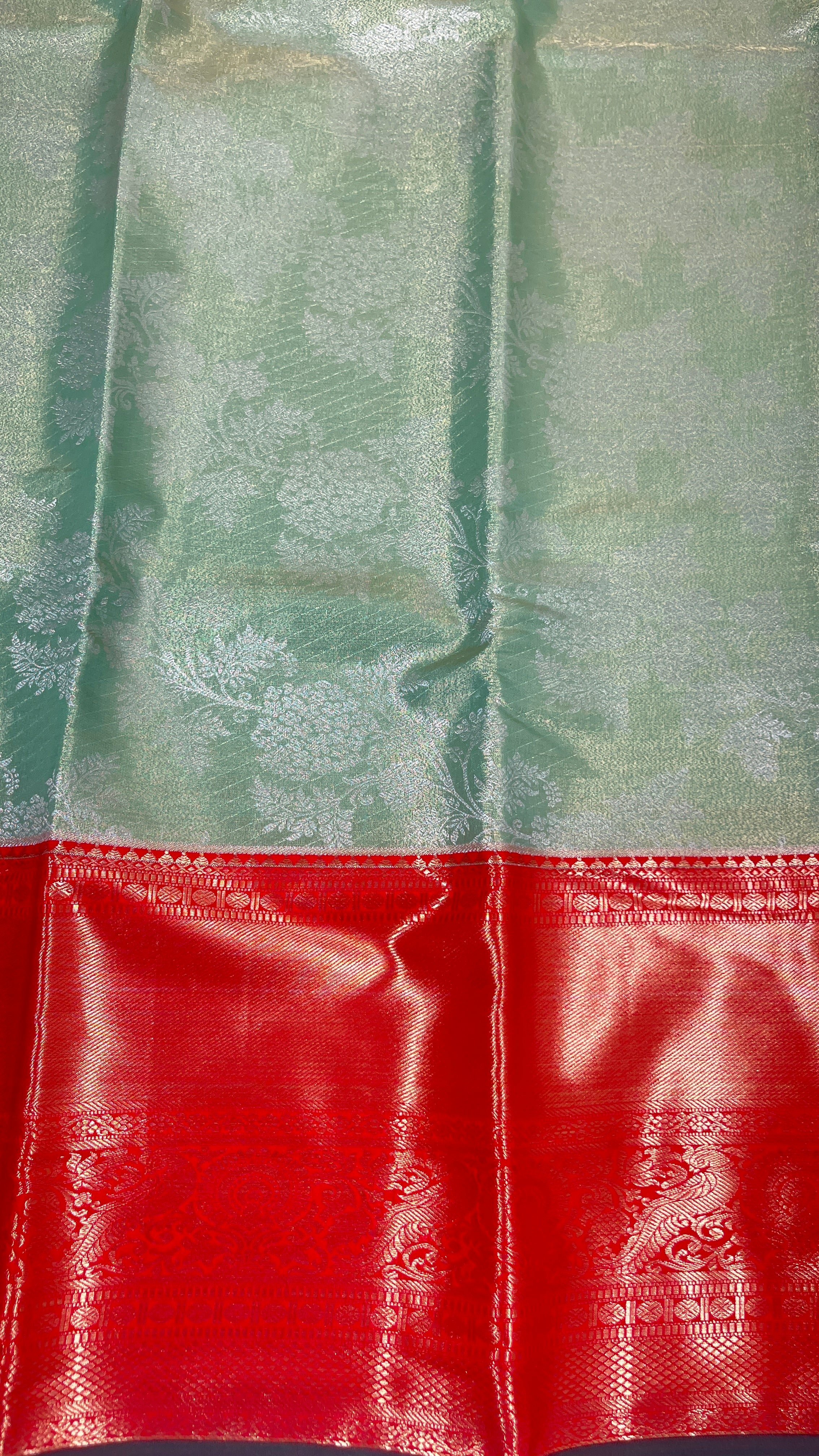 Vaidehi Glow – Lime Green & Red Semi Silk Saree