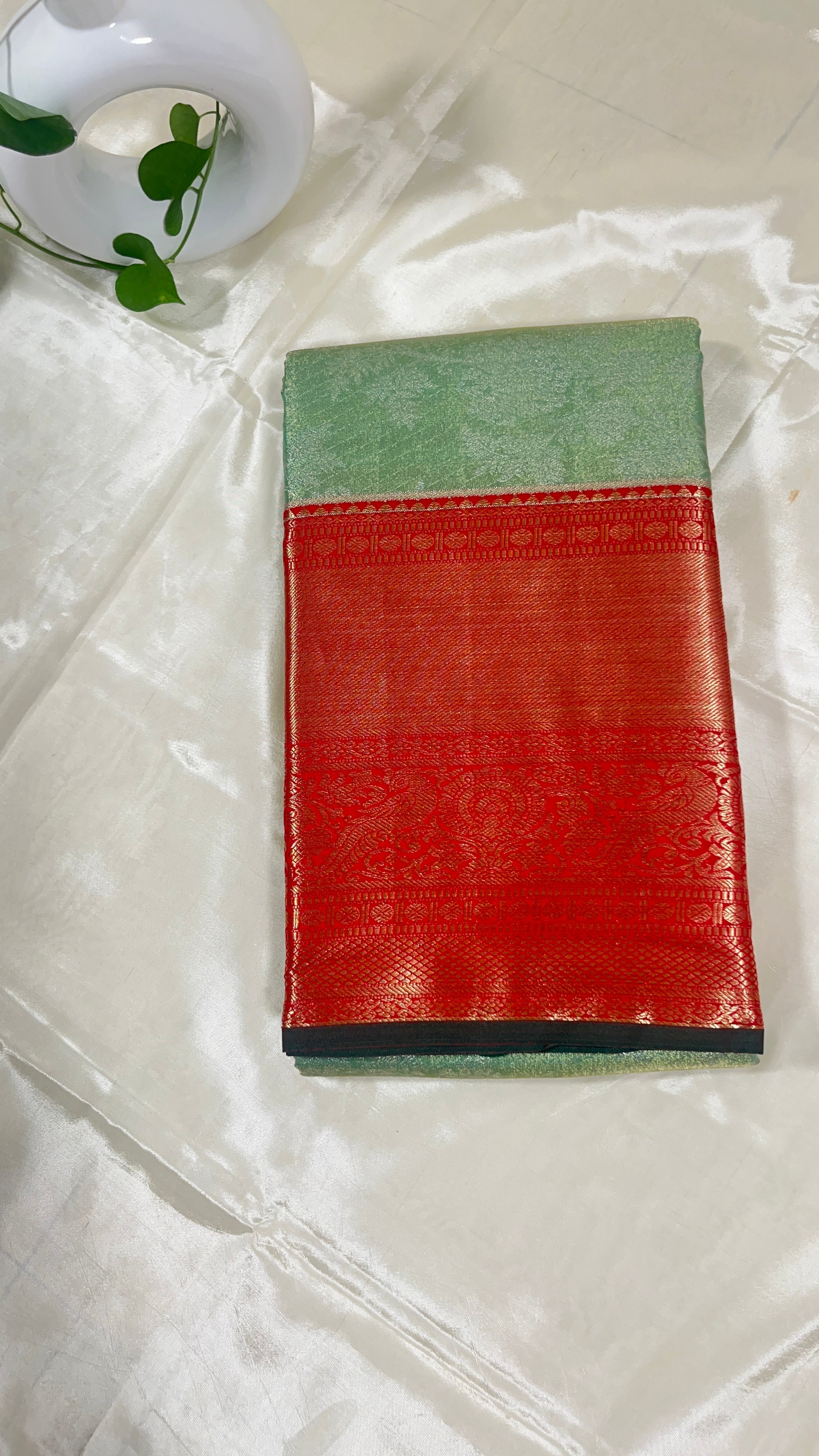 Vaidehi Glow – Lime Green & Red Semi Silk Saree