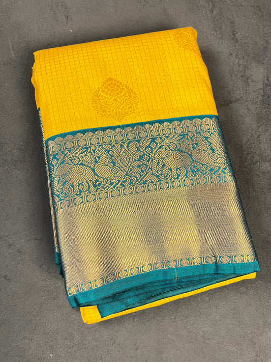 Bright Yellow & Turquoise Blue Kanchipuram Silk Blend Saree Vairaoosi Pattern with Golden Zari  – Big Buttas, Elephant & Annam Motifs