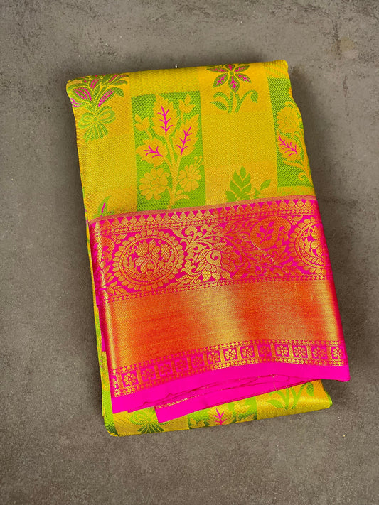 Light Green & Dark Pink Kanchipuram Silk Blend Saree with Golden Zari – Floral & Leaf Motifs