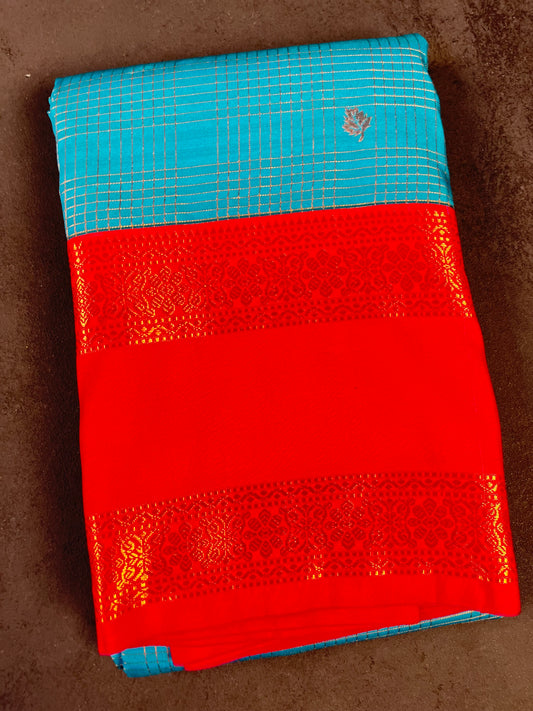 Turquoise Blue & Dark Pink Kanchipuram Silk Blend Saree – Checked Vairaoosi Pattern, Small Buttas & Golden Zari Double Border