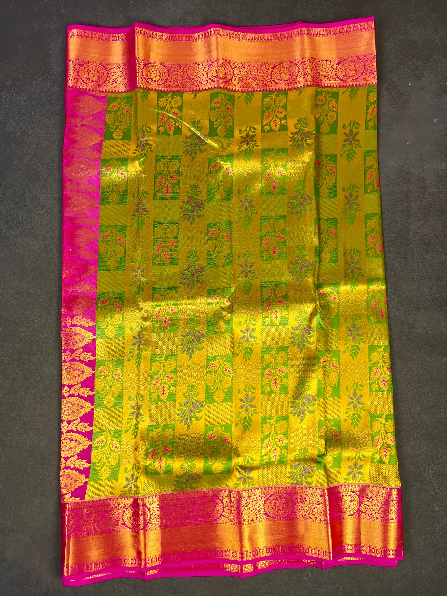 Light Green & Dark Pink Kanchipuram Silk Blend Saree with Golden Zari – Floral & Leaf Motifs