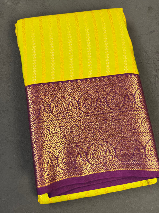 Lemon Yellow & Purple Kanchipuram Silk Blend Saree – Striped Pattern, Small Mango Buttas & Golden Zari Border