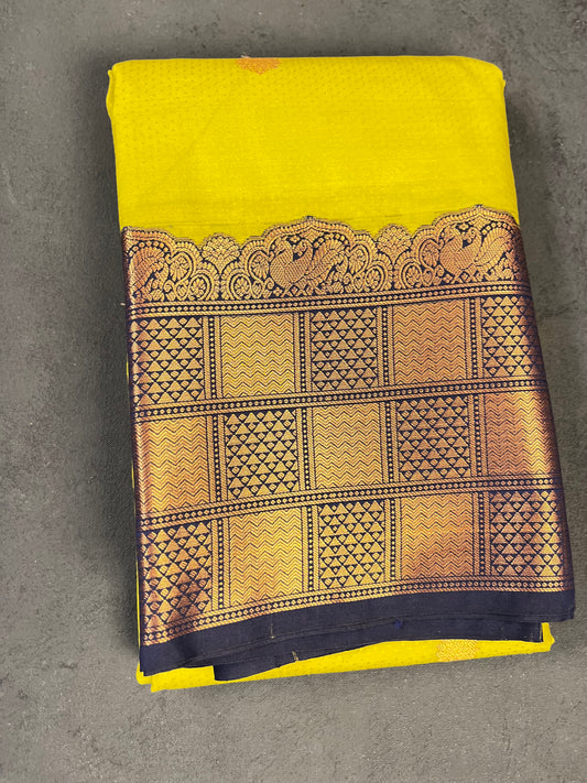 Lemon Yellow & Dark Purple Kanchipuram Silk Blend Saree with Golden Zari – Small Buttas & Annam Border