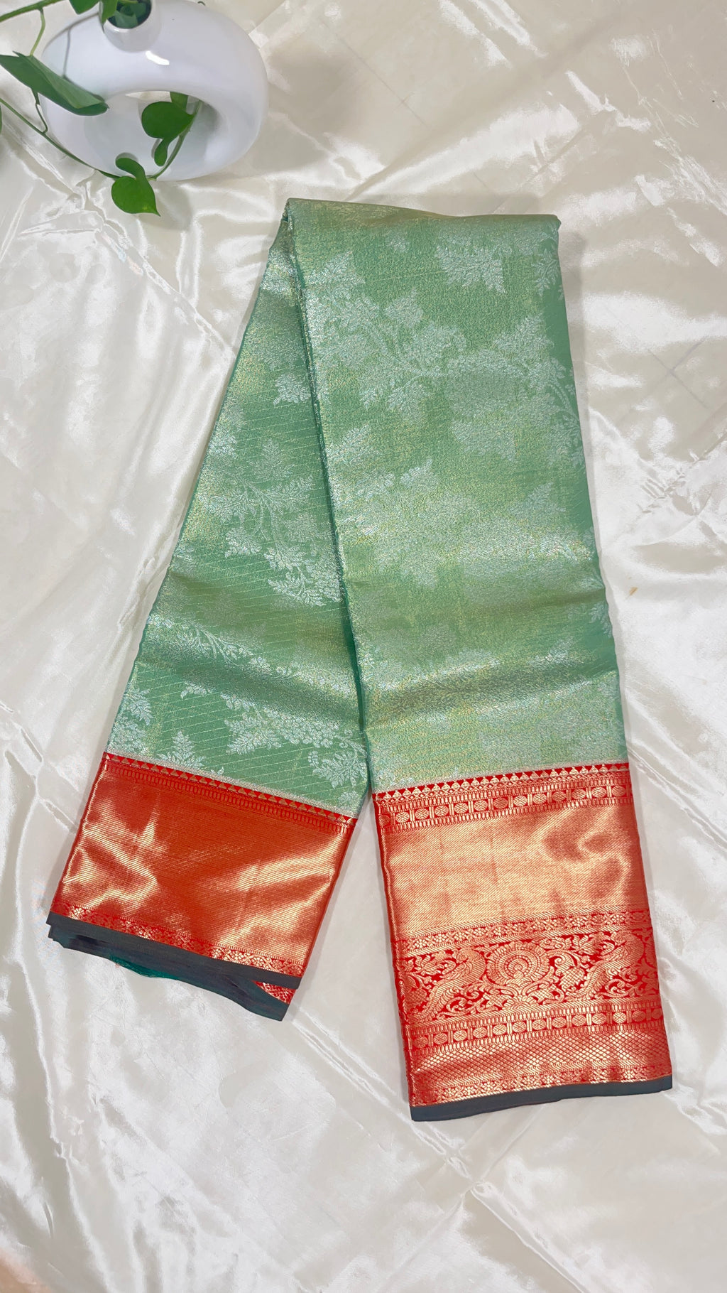 Vaidehi Glow – Lime Green & Red Semi Silk Saree