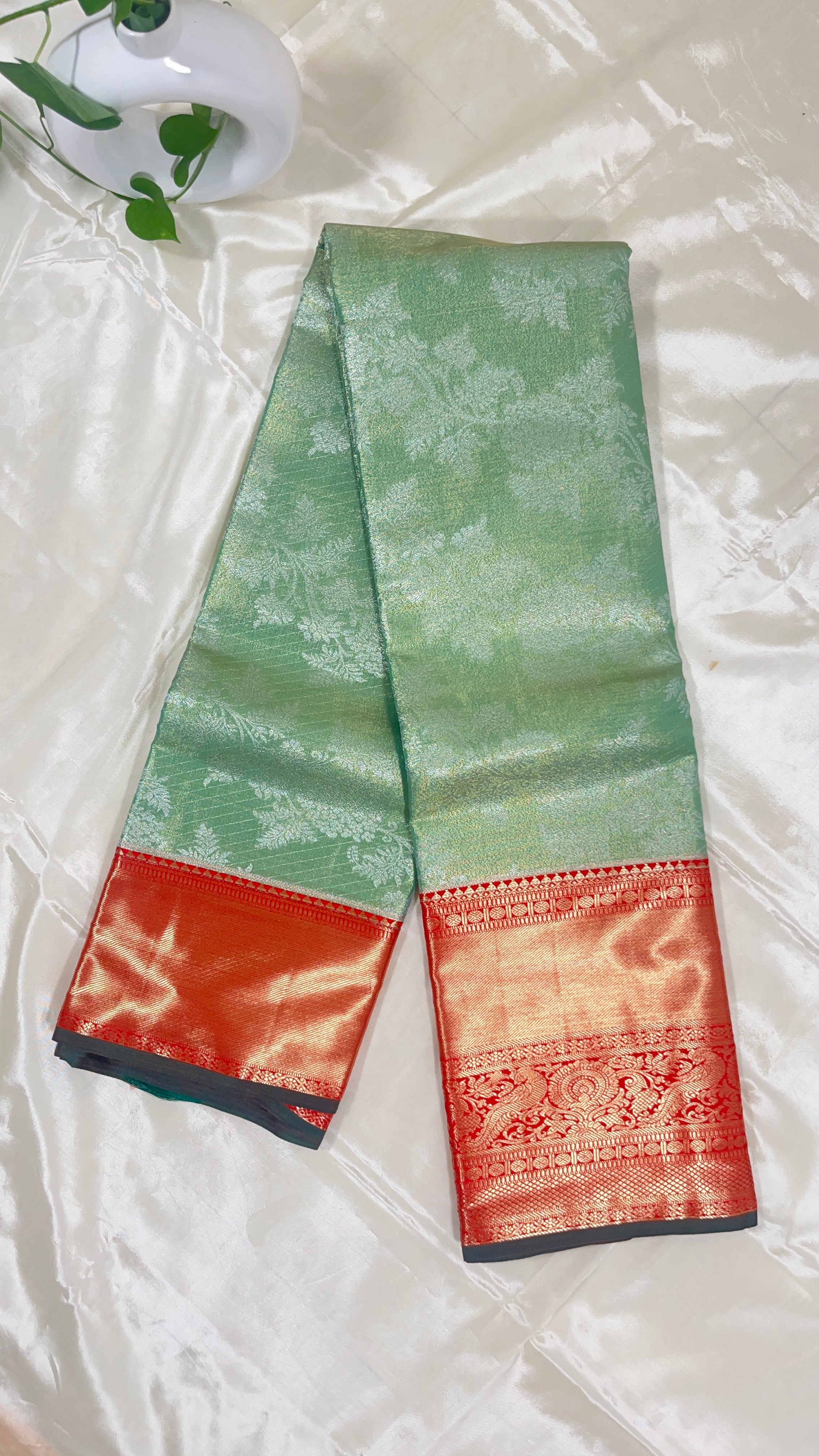 Vaidehi Glow – Lime Green & Red Semi Silk Saree