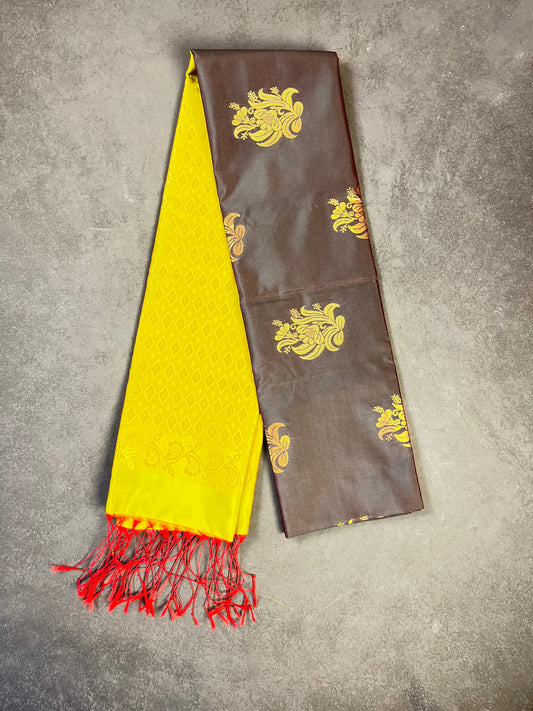Glossy Dark Brown & Light Green Kanchipuram Soft Silk Blend Saree – Golden Zari with Leaf & Flower Buttas